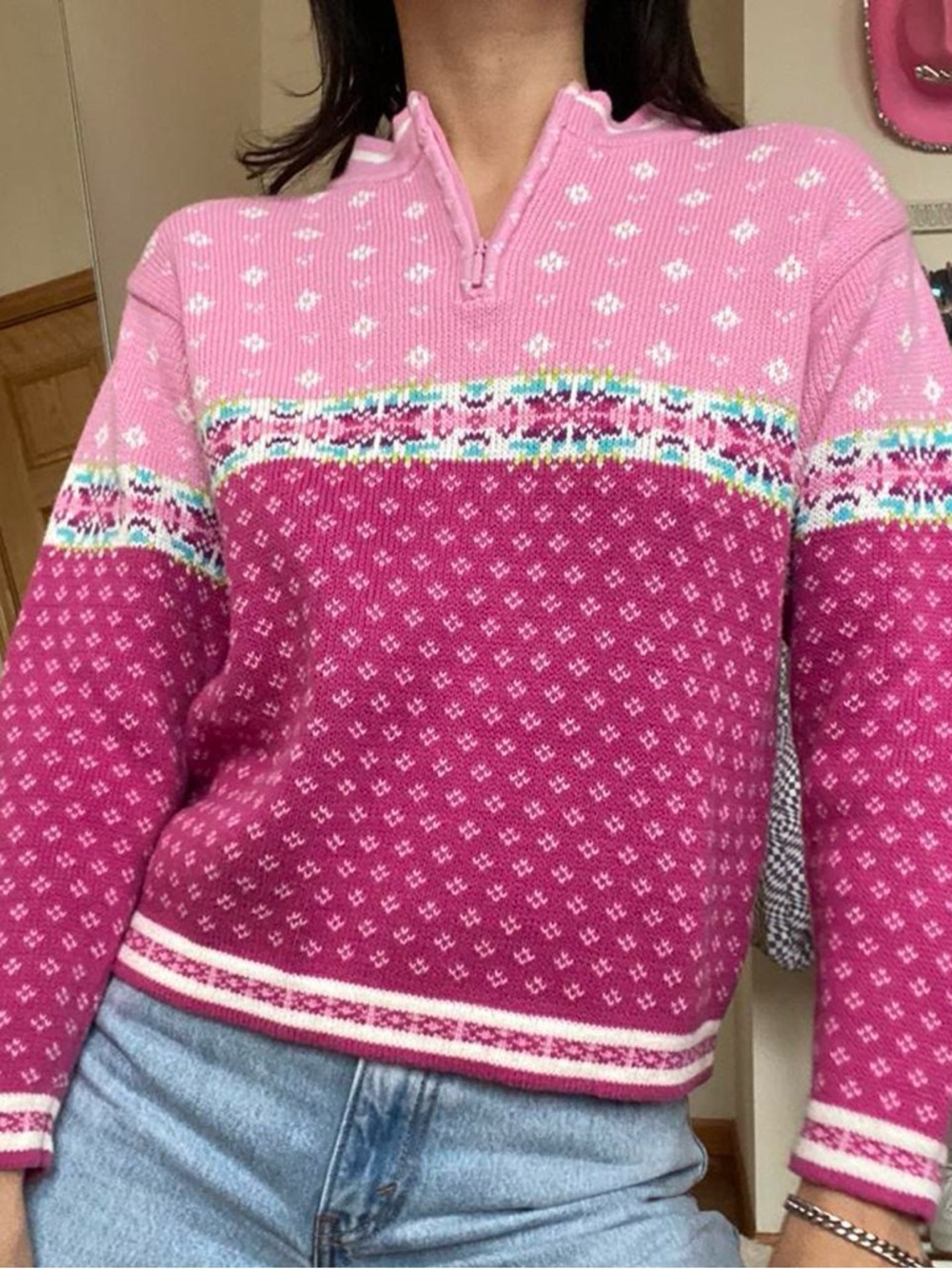 Vintage Two-Tone Half-Zip Pink Patterned Sweater
